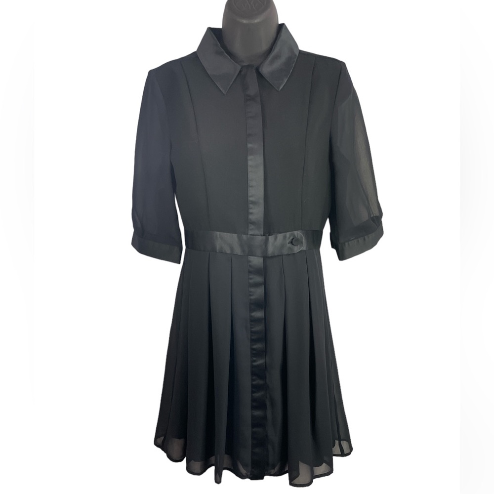 LBD sheer silky party pleated skirt button down collared classic dress